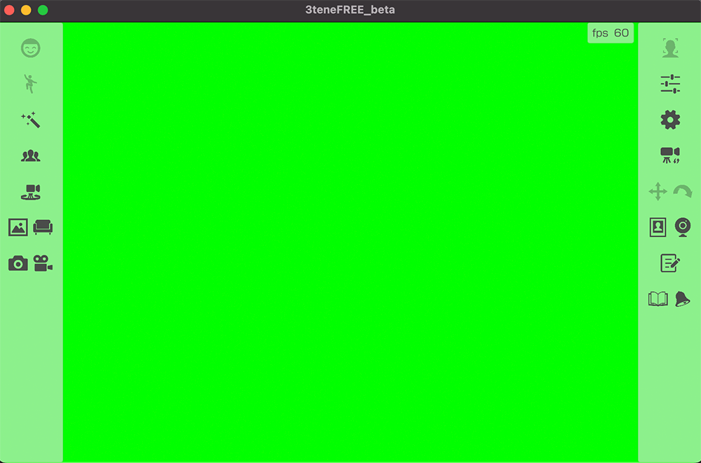 Screenshot of the 3teneFREE_beta VTuber software showing a user interface with a bright green chroma key background and tool icons on the sides, used for virtual streaming and content creation.
