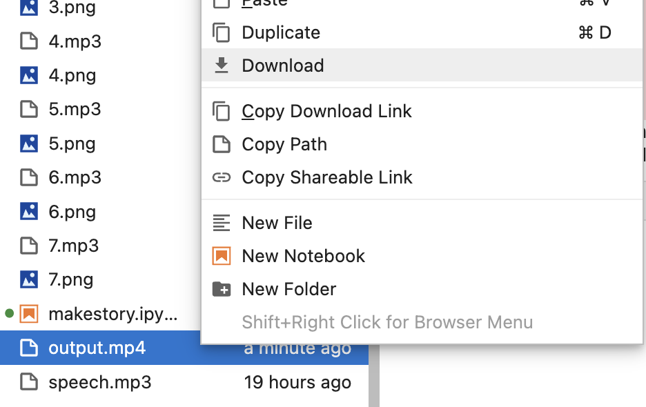 Screenshot of the JupyterLab file browser showing the context menu with the 'Download' option highlighted. Various files, including images, mp3s, and a video file, are visible in the file list.