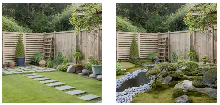 Side-by-side comparison of a garden before and after transformation, showcasing a traditional Japanese garden style with a pond, rocks, moss, and carefully pruned plants.