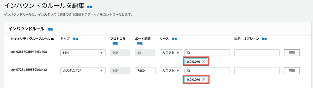 AWSの日本語コンソールでセキュリティグループのインバウンドルール編集画面が表示されており、SSH(TCP 22)およびカスタムTCP(ポート7860)のソースが0.0.0.0/0(全公開)となっている内容です。