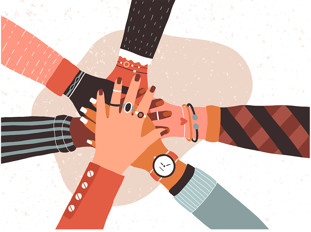 Illustration of diverse hands stacked together in a gesture of teamwork and unity, symbolizing collaboration and inclusion.