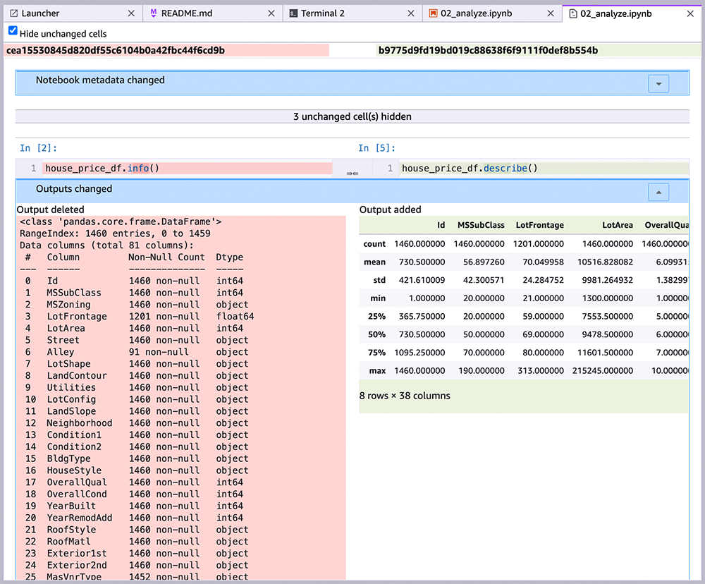 A screenshot of a Jupyter Notebook interface with a Git diff that highlights the changes to notebook cells comparing 'house_price_df.info()' (showing column data types and null counts) with 'house_price_df.describe()' (showing summary statistics) on a house price dataset DataFrame.