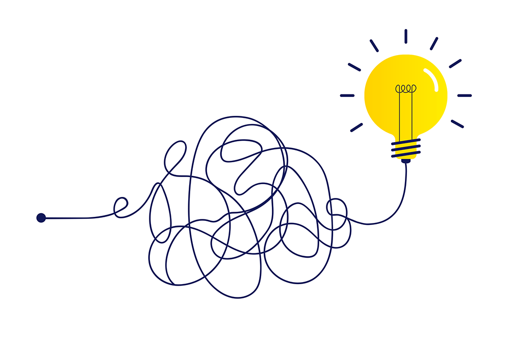 Illustration of a tangled line transforming into a glowing yellow lightbulb, symbolizing the process of solving a problem or finding an idea.