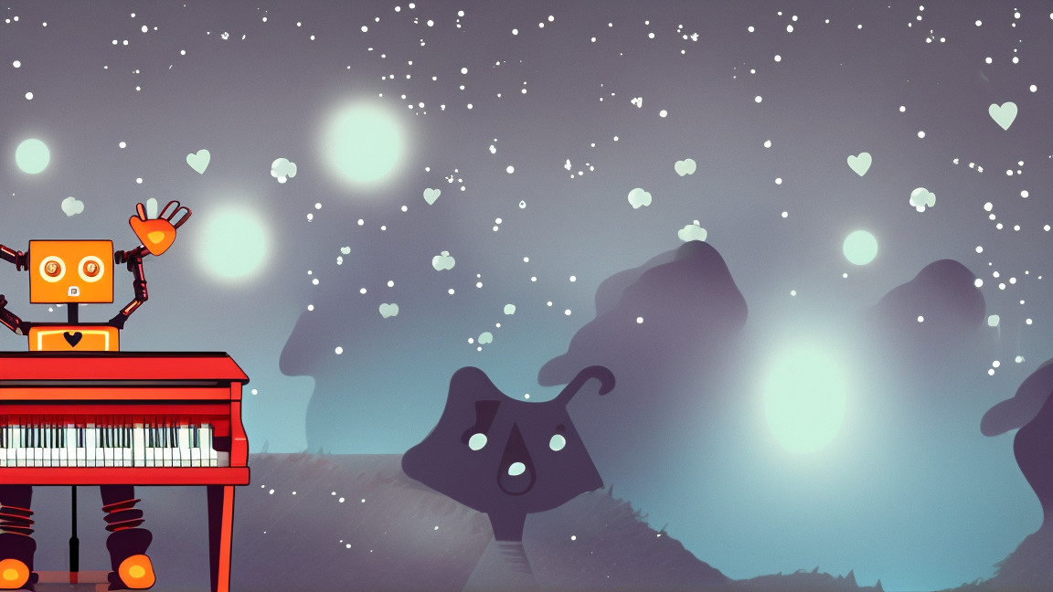 A whimsical illustration of a friendly robot playing a red piano under a starry night sky, with glowing lights and heart shapes in the background.