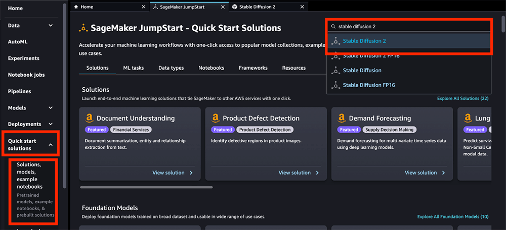 Screenshot of the SageMaker JumpStart Quick Start Solutions interface, highlighting the Stable Diffusion 2 model search and selection, as well as options for solutions, models, and example notebooks on the AWS SageMaker platform.