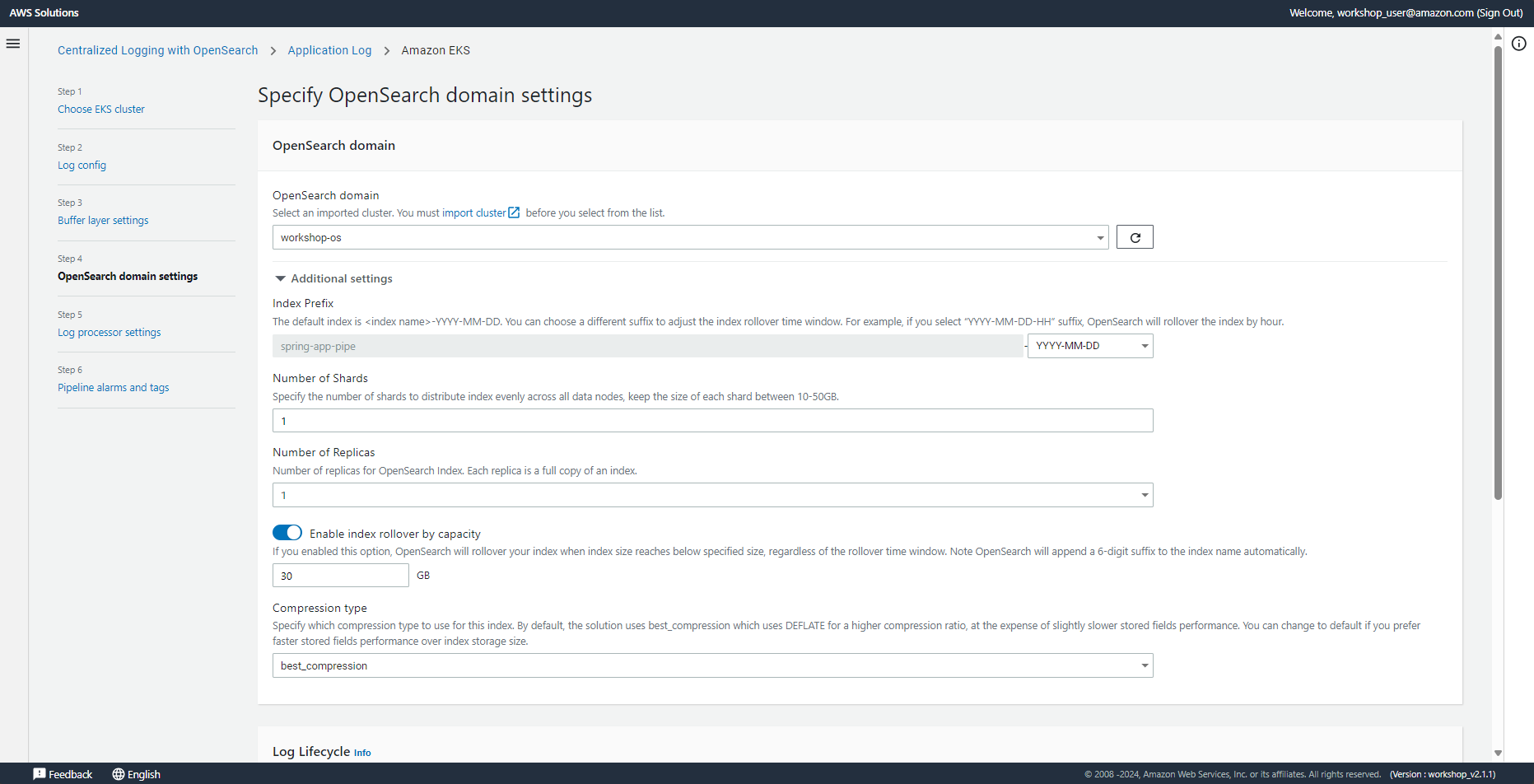 Screenshot of the 'Specify OpenSearch domain settings' step in the AWS Solutions Centralized Logging with OpenSearch workflow for Amazon EKS, showing configuration options such as index prefix, number of shards, number of replicas, index rollover, and compression type.