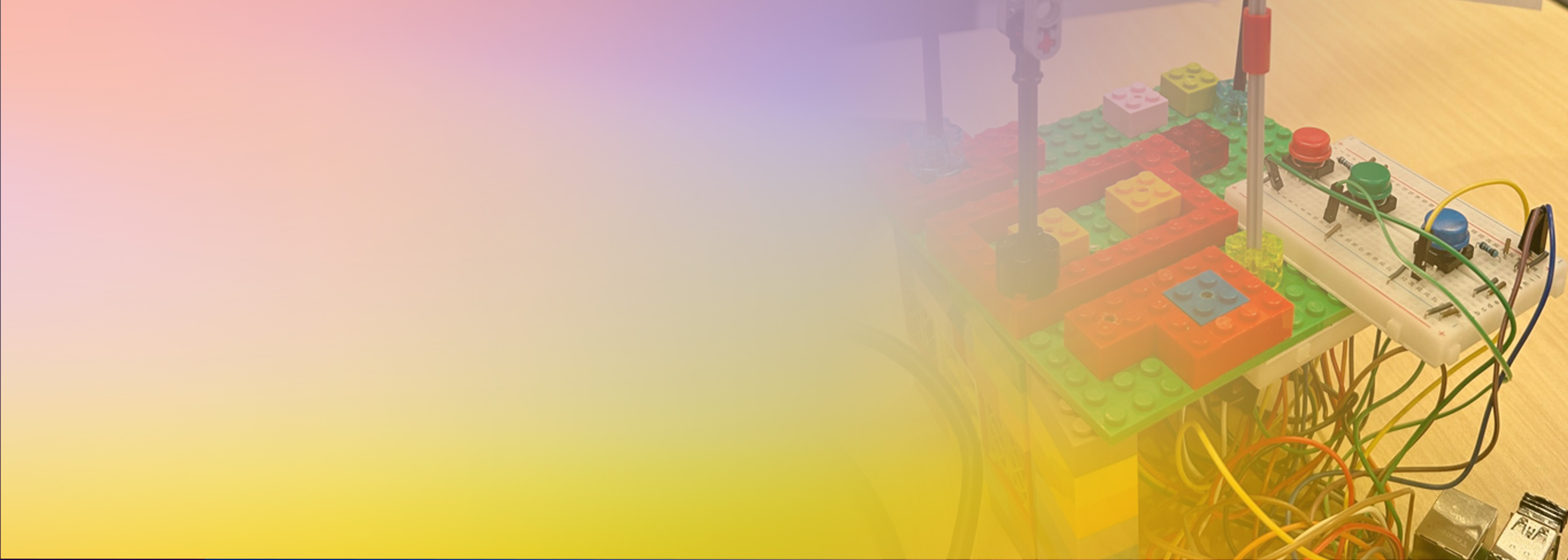 A photo of a LEGO-based electronic project featuring a breadboard with wires and colored buttons, partially covered with a pastel gradient overlay. The image is used for a technical blog, illustrating DIY electronics or IoT projects.