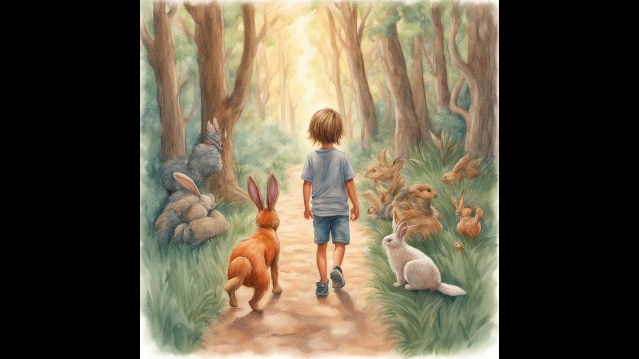 A watercolor-style illustration showing a young boy walking down a sunlit forest path, surrounded by multiple rabbits of various colors and sizes.