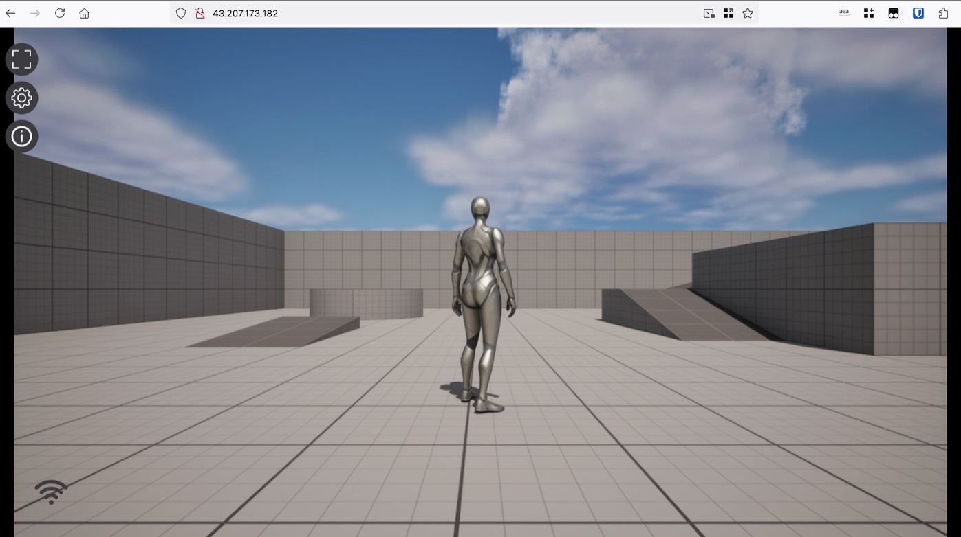 Screenshot of a cloud-based Unreal Engine pixel streaming demo interface running on an EC2 instance, showing a metallic humanoid character in a virtual environment with a tiled floor and walls under a blue sky with scattered clouds.