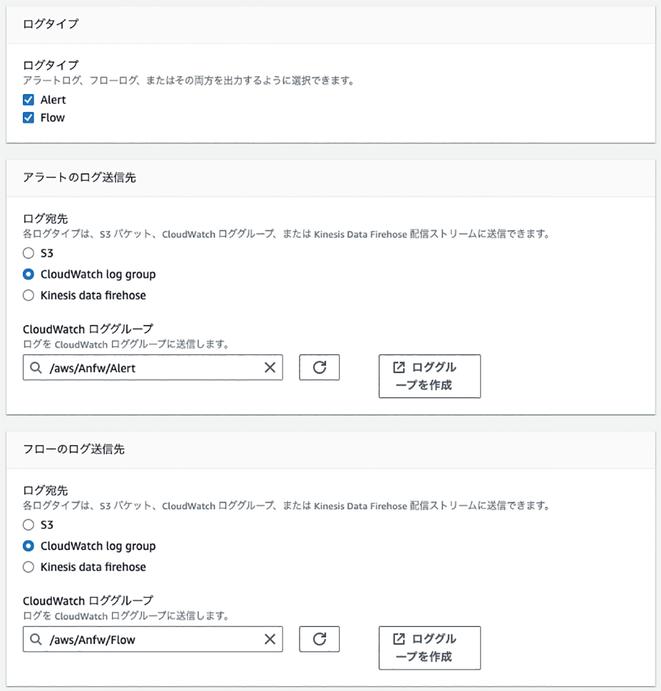 Screenshot of the AWS Network Firewall log settings interface in Japanese, showing alert and flow log type configurations with CloudWatch log group destinations.