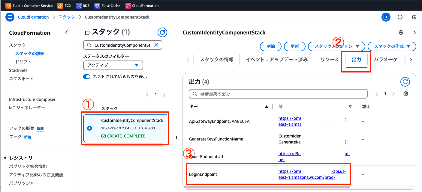 Screenshot of the AWS CloudFormation console in Japanese showing the CustomIdentityComponentStack stack outputs, including the LoginEndpoint URL. Key navigation and output details are highlighted and numbered for user guidance.