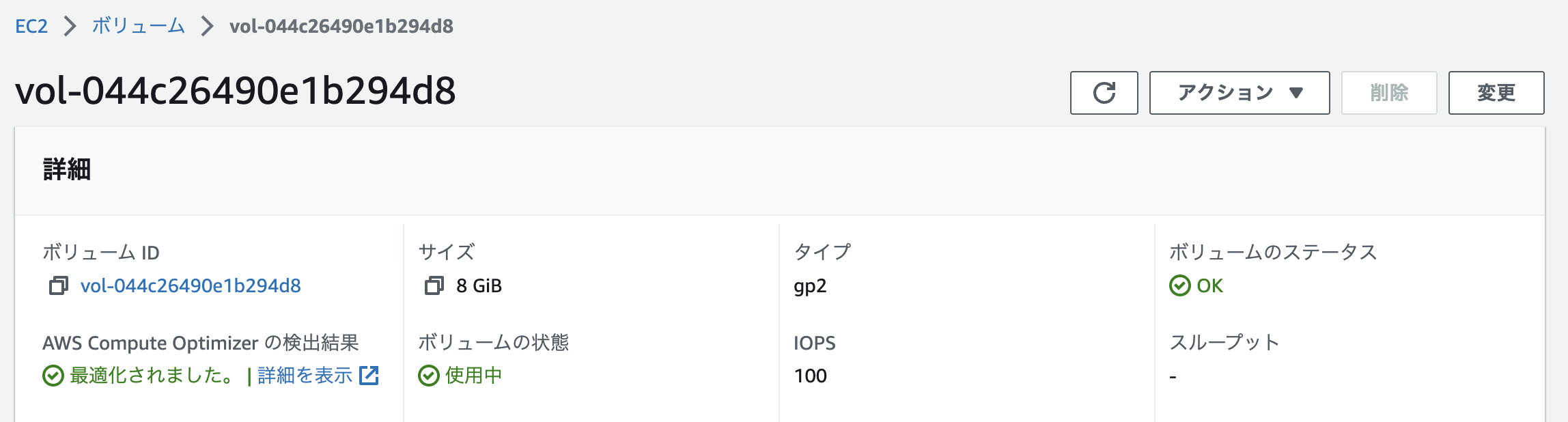 Screenshot of the AWS EC2 Volume details page displayed in Japanese, showing volume ID, size, type, status, and optimization information.