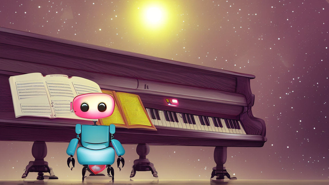 An illustration of a cute robot VTuber standing in front of a grand piano with open sheet music, set against a starry sky and glowing sunset.