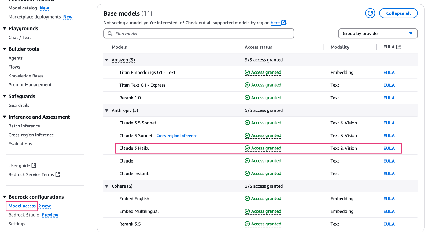Screenshot of the AWS Bedrock dashboard showing base model access status for providers such as Amazon, Anthropic, and Cohere, with access granted for models including Titan, Claude, and Rerank.