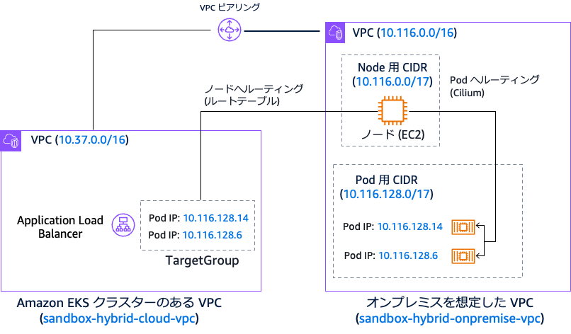 Amazon EKS クラスターとオンプレミス環境を想定したハイブリッドノードおよびVPC接続アーキテクチャの図。VPCピアリング、ノード用CIDR、Pod用CIDR、ターゲットグループなどのネットワーク構成要素が日本語で示されている。