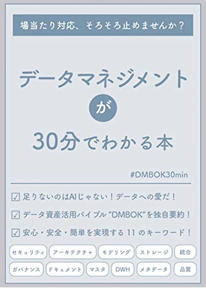 Cover of a Japanese book titled 'データマネジメントが30分でわかる本' which translates to 'Understanding Data Management in 30 Minutes.' The cover features a minimalist light blue and white design, with key topics such as security, architecture, modeling, storage, integration, governance, documentation, master data, DWH, metadata, and quality listed at the bottom.