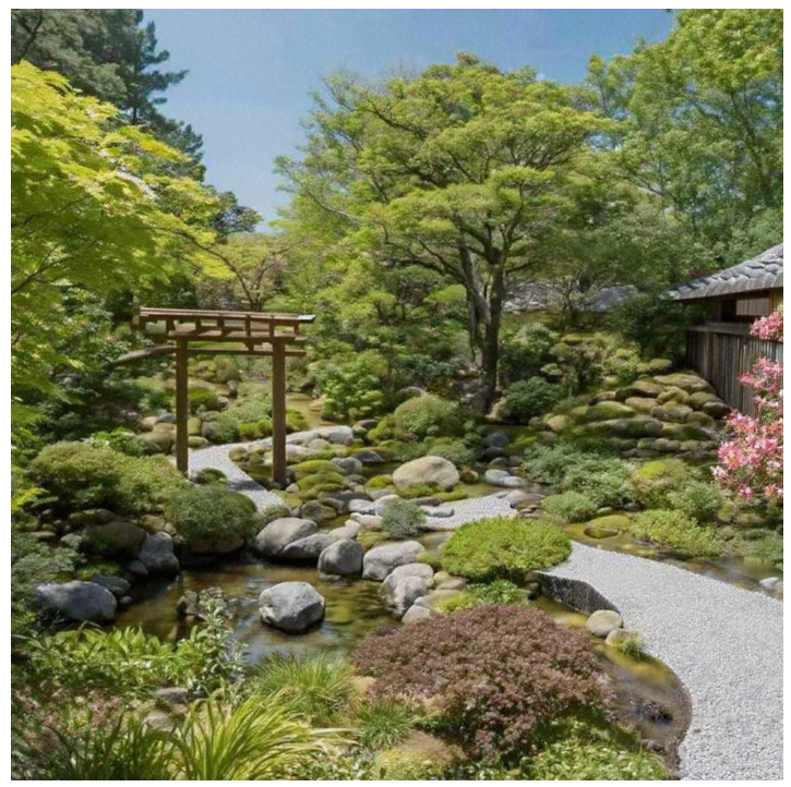 A tranquil Japanese garden landscape featuring a wooden torii gate, curving stone paths, lush green trees, shrubs, and rocks, with a traditional structure on the right side, in a vibrant spring setting.