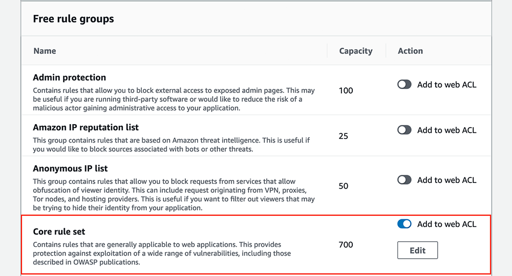 Screenshot of the AWS WAF console displaying various free rule groups, including Admin protection, Amazon IP reputation list, Anonymous IP list, and Core rule set. The image highlights the Core rule set being added to a web ACL, providing protection against a wide range of web application vulnerabilities.