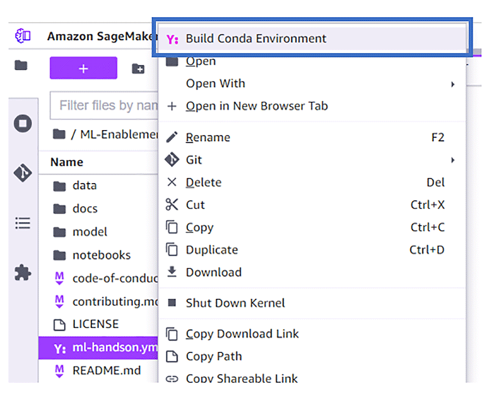 Screenshot of the Amazon SageMaker Studio Lab interface showing the right-click context menu with the 'Build Conda Environment' option highlighted for an environment YAML file.