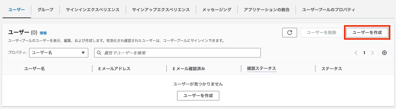 Screenshot of the AWS Cognito user pool interface in Japanese, displaying the 'Create User' screen with various user and email options.