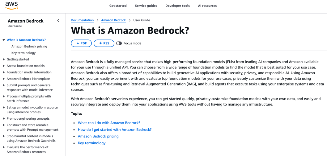 Screenshot of the AWS documentation page titled 'What is Amazon Bedrock?', introducing Amazon Bedrock as a fully managed service for accessing leading foundation models and building generative AI applications securely and at scale.