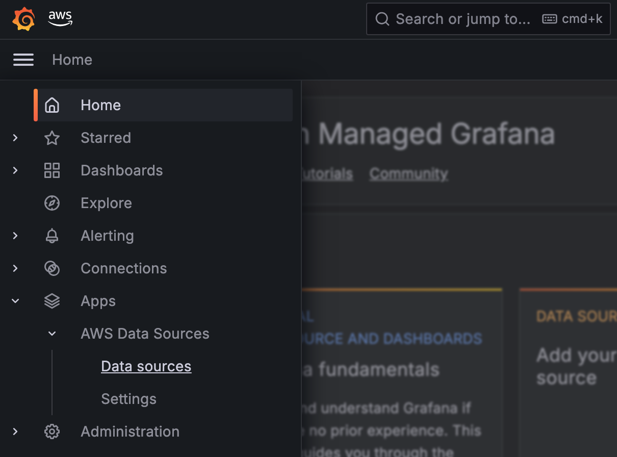 Screenshot of the AWS Managed Grafana dashboard menu showing navigation options such as Home, Starred, Dashboards, Explore, Alerting, Connections, Apps, AWS Data Sources, Settings, and Administration.