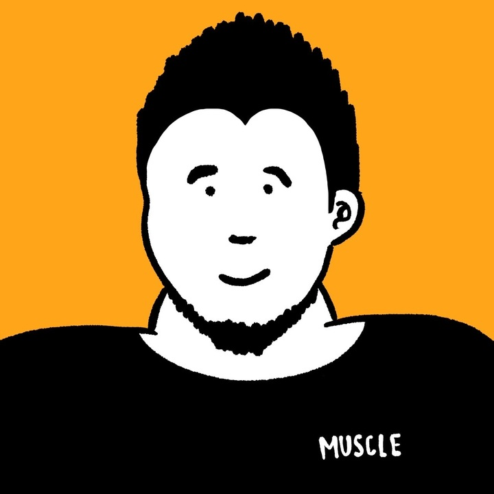 A stylized illustration of a person with short hair and a beard, wearing a shirt labeled 'MUSCLE', set against a bright orange background.