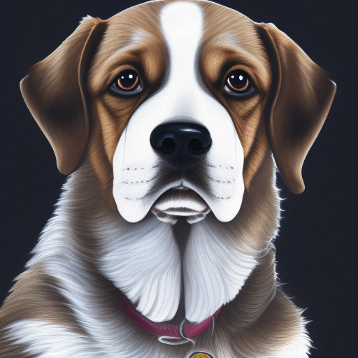 A realistic digital portrait of a St. Bernard dog with brown and white fur, large expressive eyes, and a gentle expression, set against a dark background.