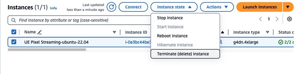 Screenshot of the AWS EC2 console showing instance management options for a UE Pixel Streaming Ubuntu 22.04 instance, including options to stop, start, reboot, hibernate, and terminate the instance.