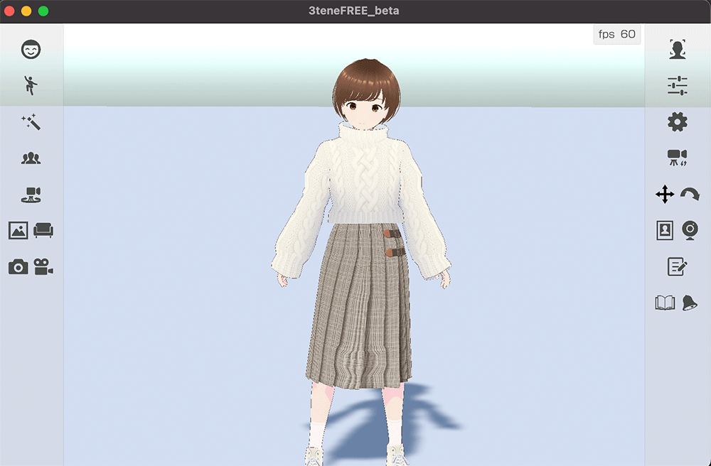 Screenshot of the 3teneFREE_beta application showing a VTuber anime-style avatar in a graphical interface, illustrating integration with Amazon Polly for AI-powered voice features.