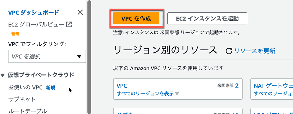 AWS VPCダッシュボードの日本語インターフェースで「VPCを作成」ボタンがハイライトされているスクリーンショット。VPCやサブネット、リソース一覧などのメニューも表示されている。