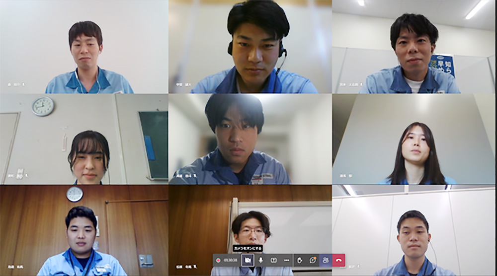 A grid view of Nippon Steel employees participating in an online meeting, each shown in their own video call window.
