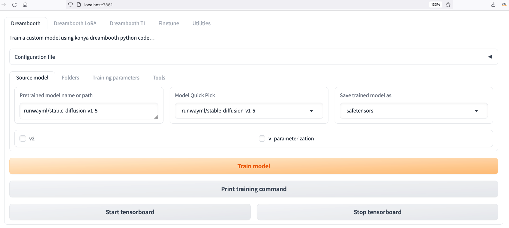 Screenshot of the Kohya Dreambooth user interface for training custom models using Stable Diffusion, showing model selection, training parameters, and control buttons on a web interface.