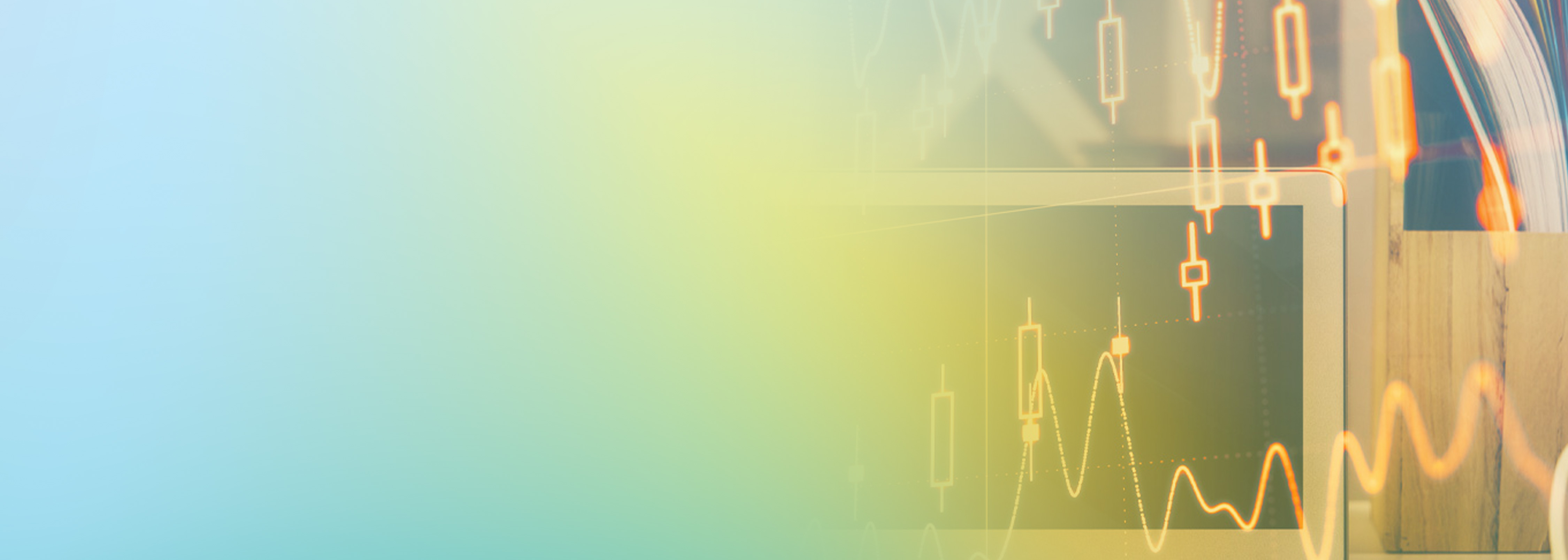 A conceptual image illustrating data analysis, featuring a computer screen with digital candlestick and line charts overlaid, suggesting financial or data analytics. The background is softly blended with blue, green, and yellow gradients.