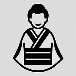 A black and white icon of a person wearing traditional Japanese attire, styled as an illustrative symbol. The person is smiling and wearing kimono-like clothing.