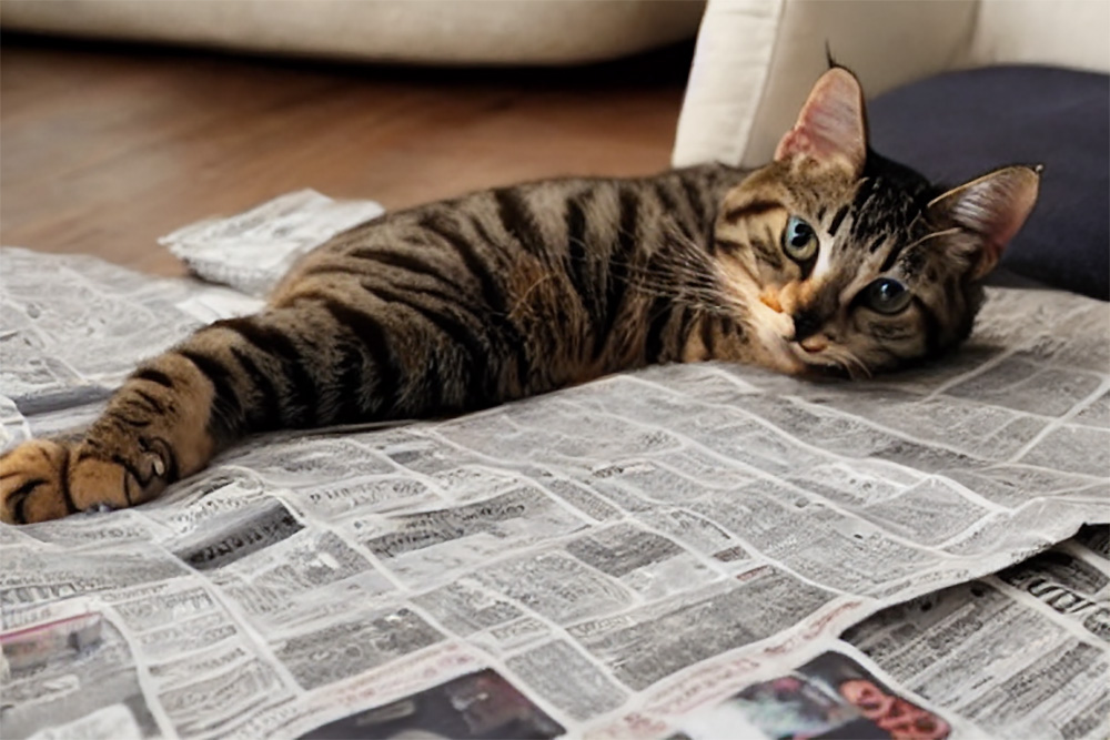 A tabby cat is lying comfortably on a spread of newspapers, looking towards the camera.
