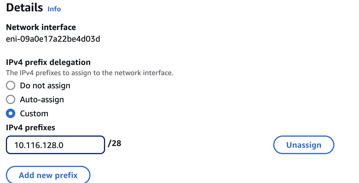 Screenshot showing the AWS network interface IPv4 prefix delegation settings with a custom IPv4 prefix (10.116.128.0/28) selected for network interface eni-09a0e17a22be4d03d.