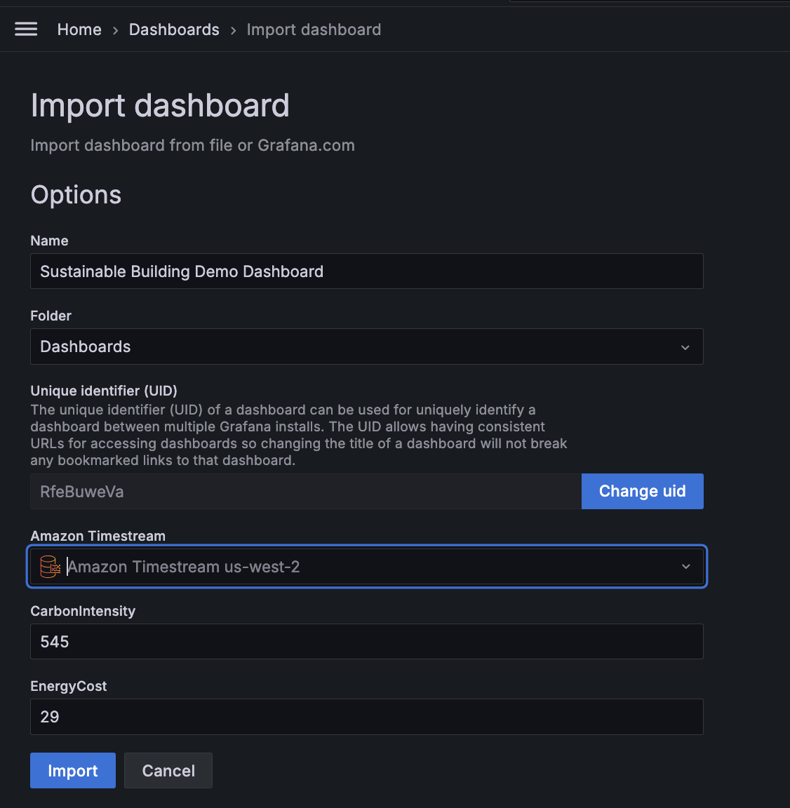 Screenshot of the Grafana 'Import dashboard' interface showing the import of a Sustainable Building Demo Dashboard. The interface displays options for the dashboard name, folder, unique identifier, Amazon Timestream data source, carbon intensity, and energy cost fields.