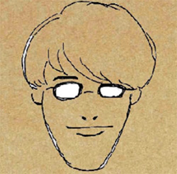 A hand-drawn illustration of a person's face with glasses and short hair on a textured brown background.
