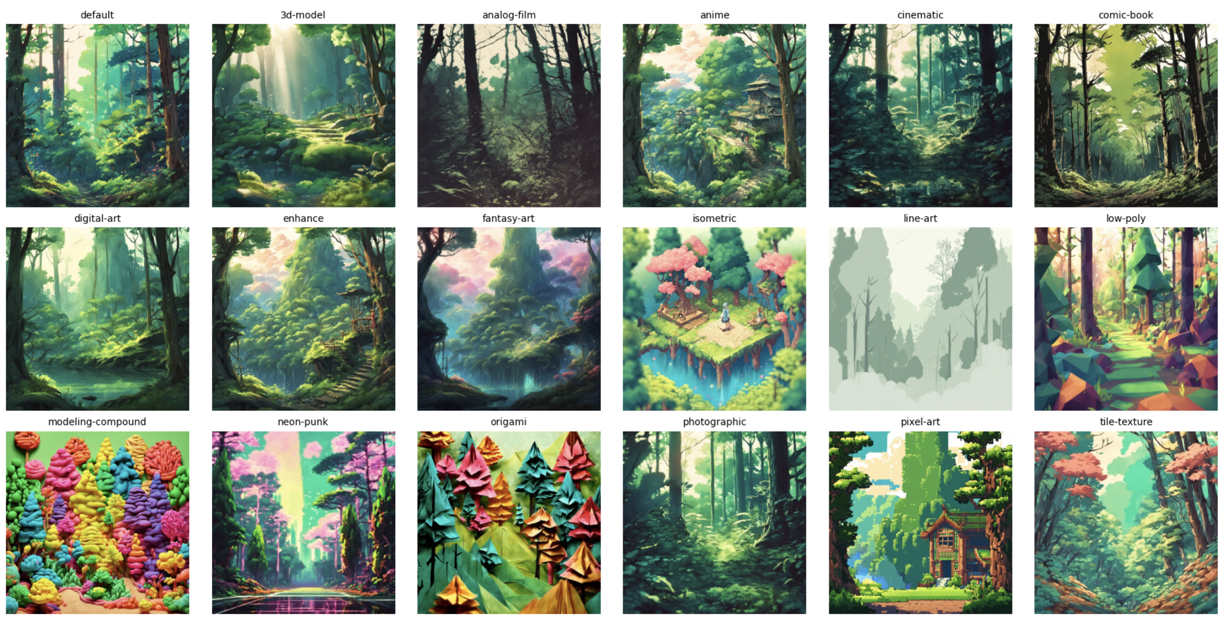 A comparison grid of a forest scene rendered in various AI art styles, including default, 3D model, analog film, anime, cinematic, comic-book, digital-art, enhance, fantasy-art, isometric, line-art, low-poly, modeling-compound, neon-punk, origami, photographic, pixel-art, and tile-texture.