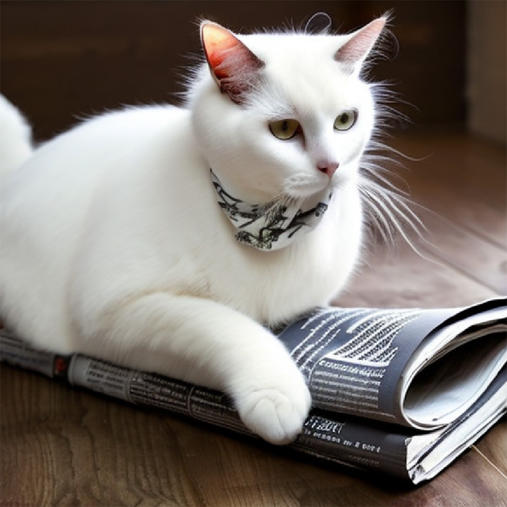 A white cat wearing a patterned bandana is lying on the floor with its paw on an open magazine, appearing to be reading it.