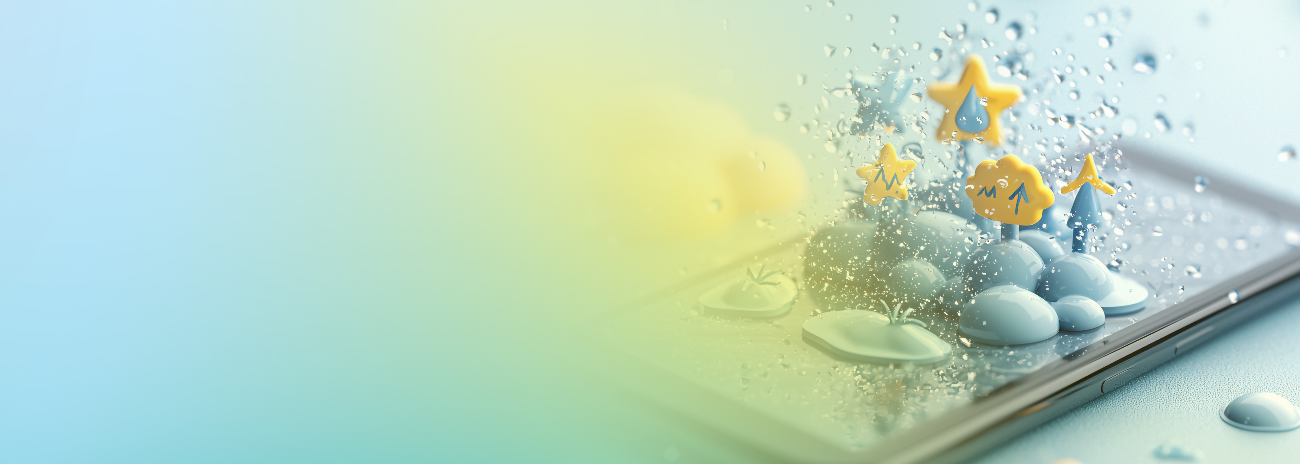 A 3D illustration of weather icons, such as clouds, stars, and wind turbines, emerging from a smartphone screen with water droplets, symbolizing a weather or climate app concept.