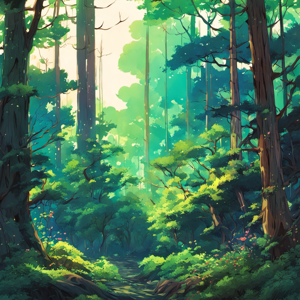 An artistic illustration of a sunlit forest path surrounded by tall trees and lush greenery, with sunlight streaming through the foliage, creating a peaceful and inviting atmosphere.