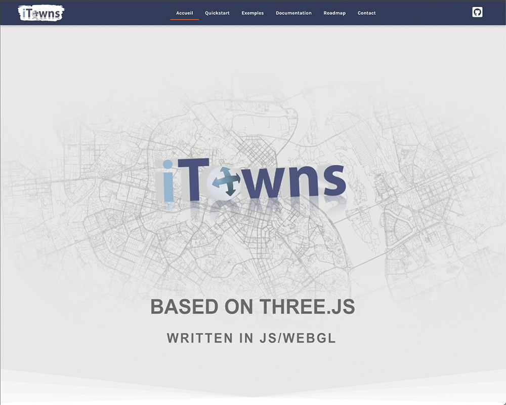 Screenshot of the iTowns 3D map library interface, showing the landing page with the iTowns logo and text indicating it is based on Three.js and written in JS/WebGL, overlaid on a faint city map background.
