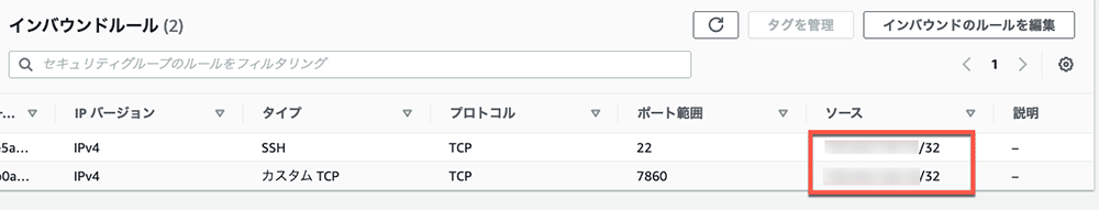 Screenshot of the AWS security group inbound rules interface in Japanese, displaying IPv4 rules for SSH and custom TCP ports with masked IP addresses.