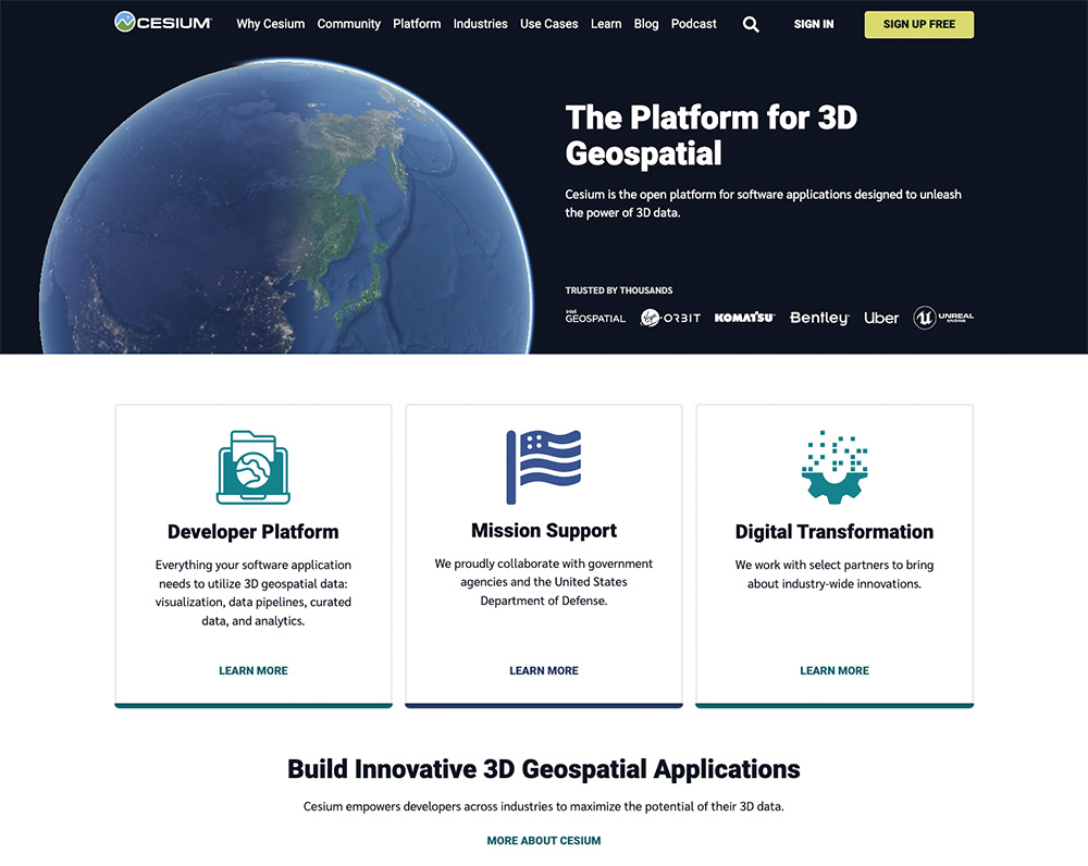 Screenshot of the Cesium 3D geospatial platform website featuring a global map, platform features, and information about developer tools, mission support, and digital transformation.
