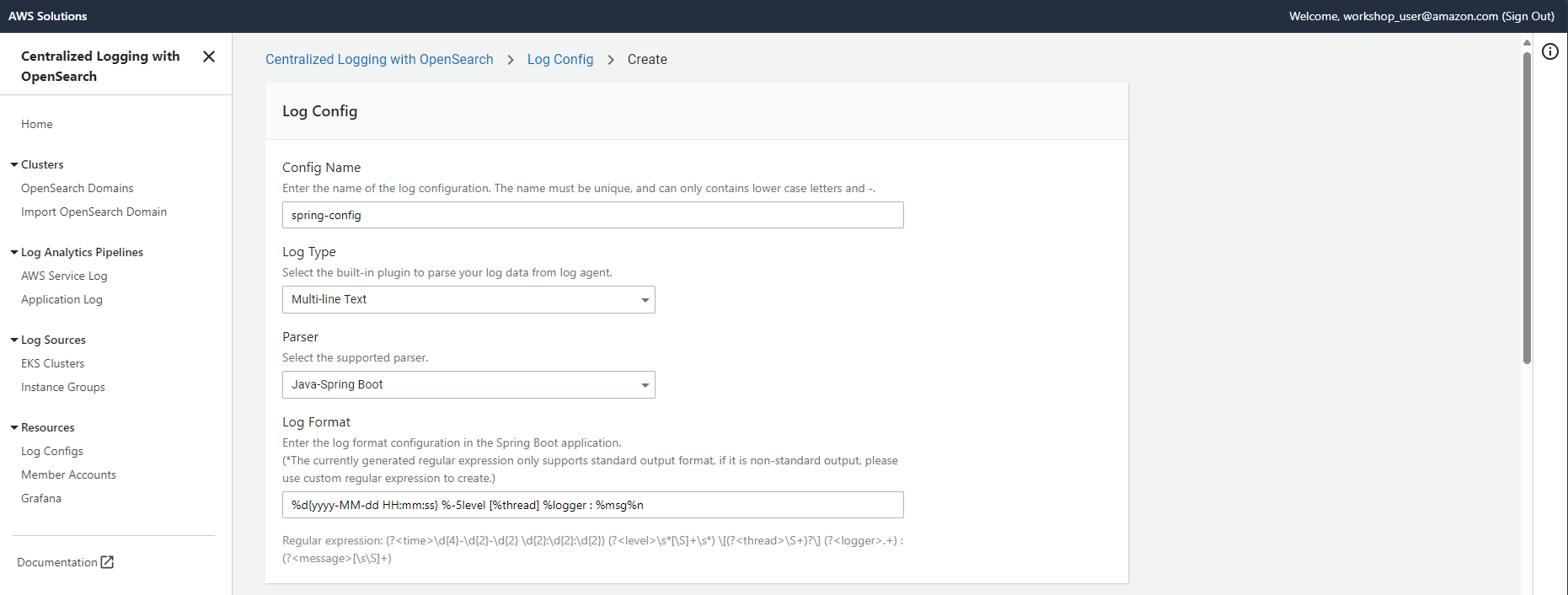 Screenshot of the AWS OpenSearch Centralized Logging solution log configuration screen, showing settings for creating a log config for Spring Boot, including config name, log type, parser, and log format details.