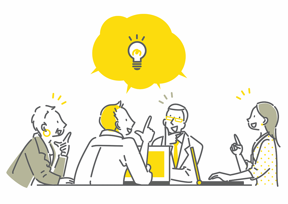 Illustration of a team brainstorming around a table, sharing ideas, with a lightbulb symbolizing creativity and innovation.