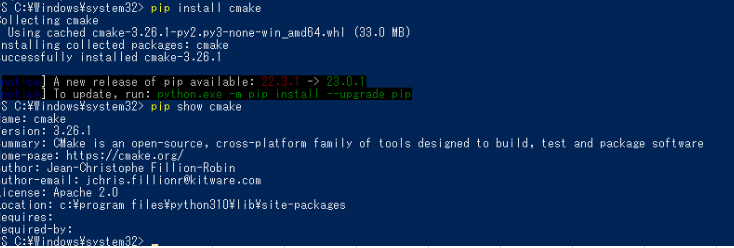 Screenshot of a Windows command prompt showing the process of installing CMake using pip, followed by a command to show CMake details, including version, summary, author, and license information.