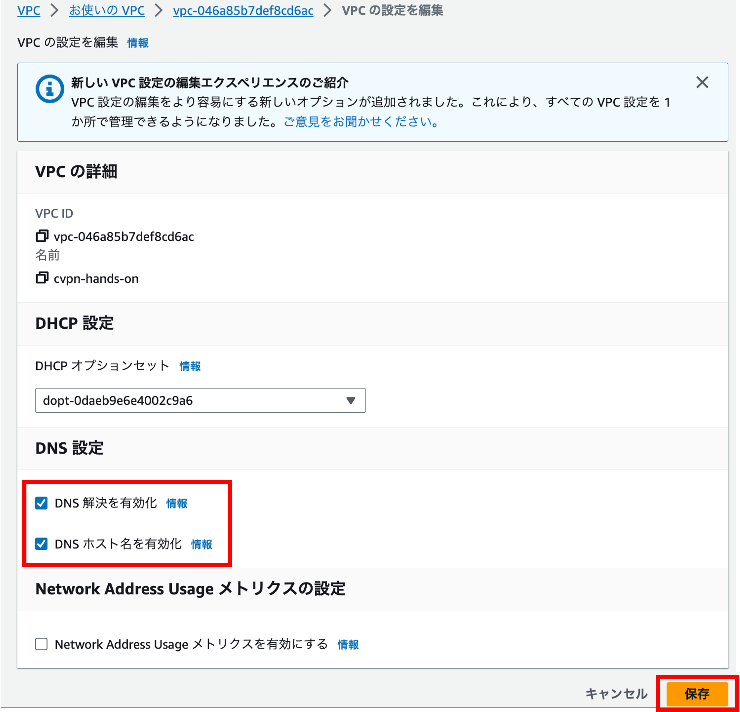 AWSマネジメントコンソールのAmazon VPC設定画面におけるDNS設定編集（日本語インターフェース）のスクリーンショット。DNS解決とDNSホスト名の有効化オプションが選択されている様子が表示されています。